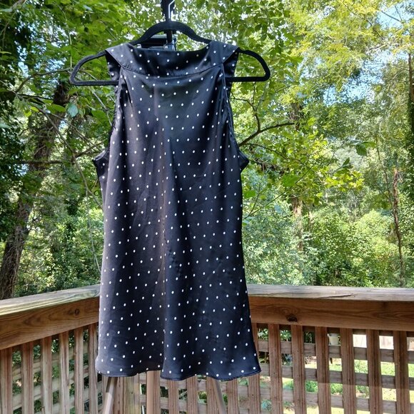 Spence Stylish White Polka Dots on Black Sleeveless Cowl Neck Tunic Top Sz L - Picture 5 of 7